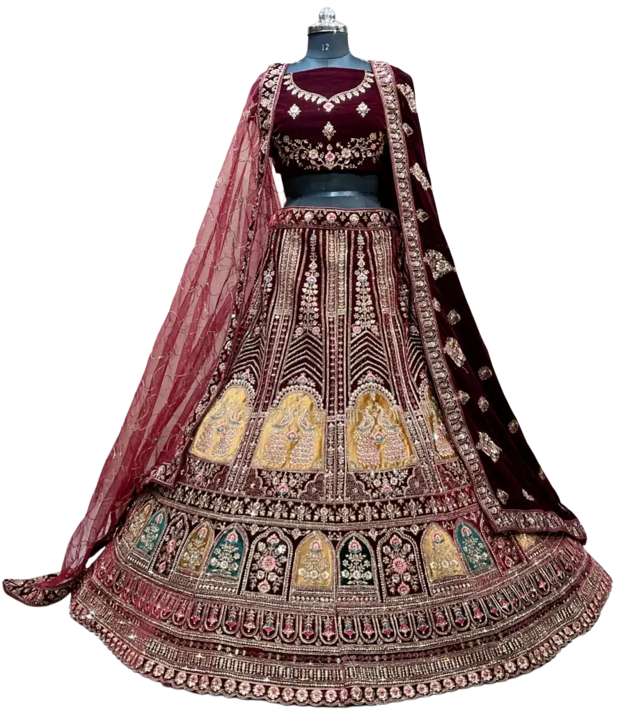 Surprising Dark Maroon Velvet Bridal Lehenga Choli With Double Dupatta