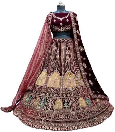 Surprising Dark Maroon Velvet Bridal Lehenga Choli With Double Dupatta